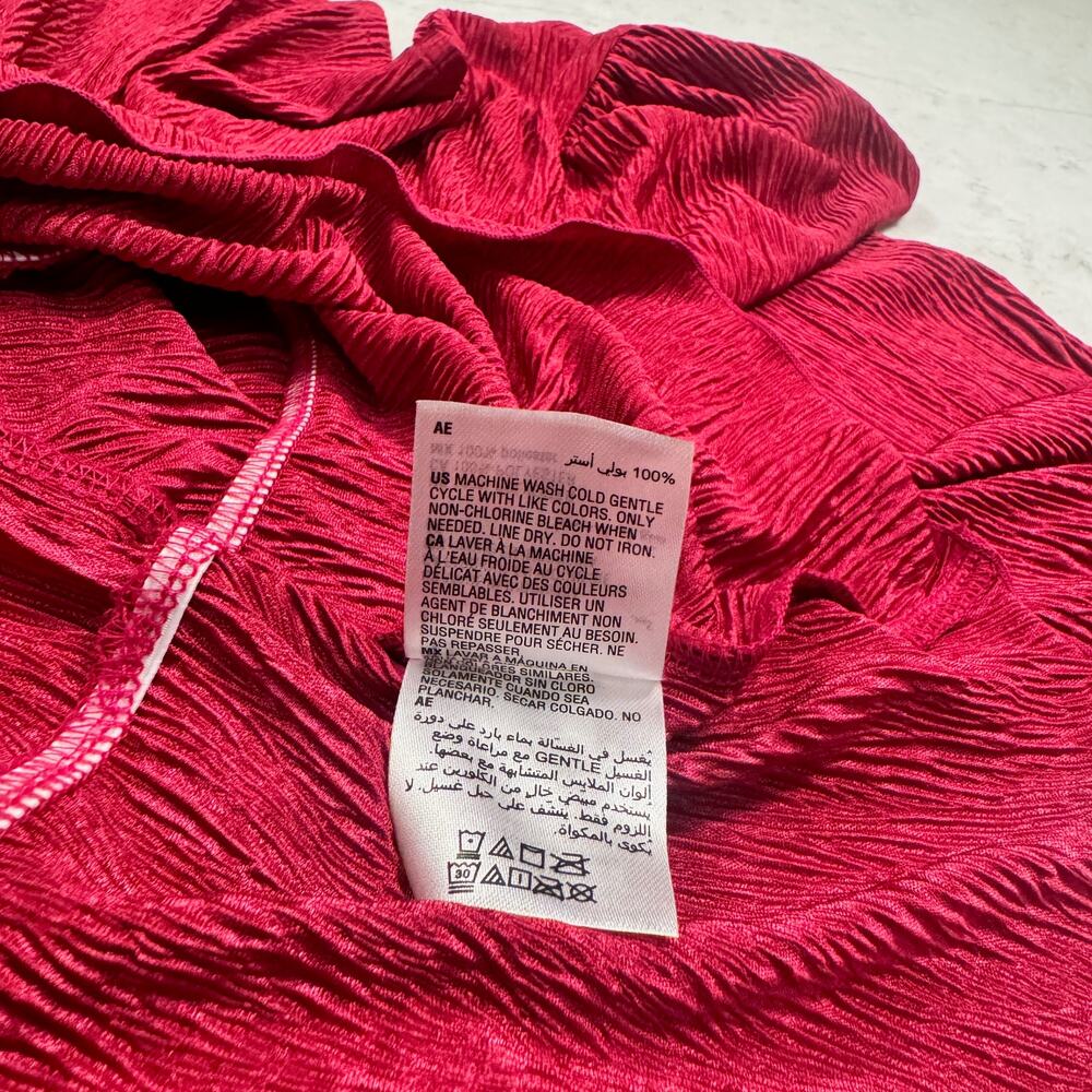 Red Crinkle Plissé Peplum Blouse Surplice Bishop Sleeve Party Large Coquette - Picture 12 of 15
